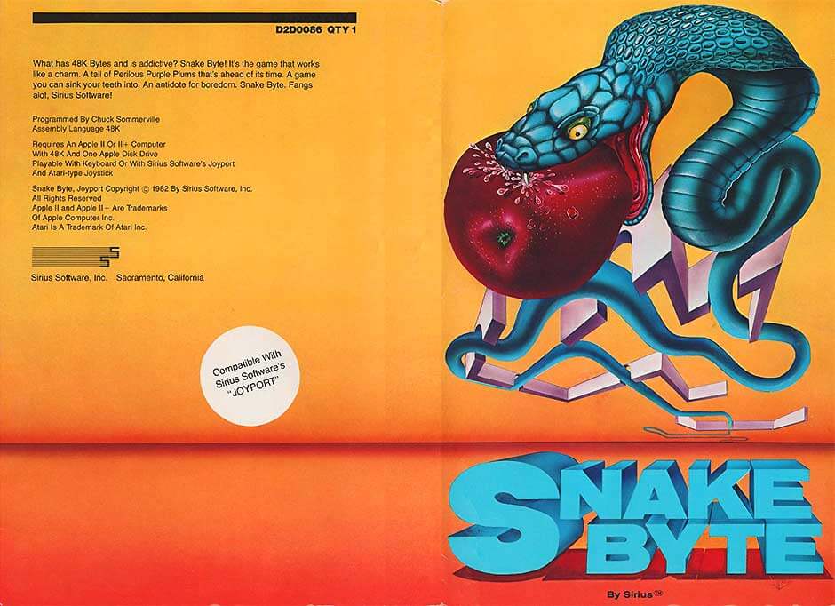Illustration de couverture du jeu Snake Byte de 1982, développé par Sirius Software et programmé par Chuck Sommerville