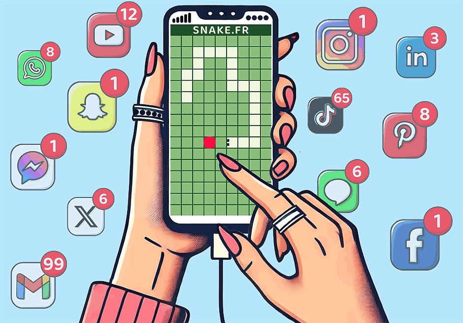 Le jeu classique Snake sur un téléphone entouré de notifications des réseaux sociaux, illustrant la nostalgie face aux distractions modernes.