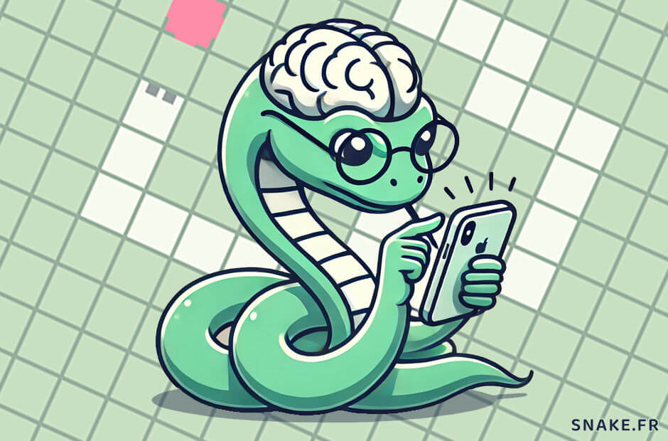 Un serpent intelligent jouant à un jeu de Snake sur un téléphone.