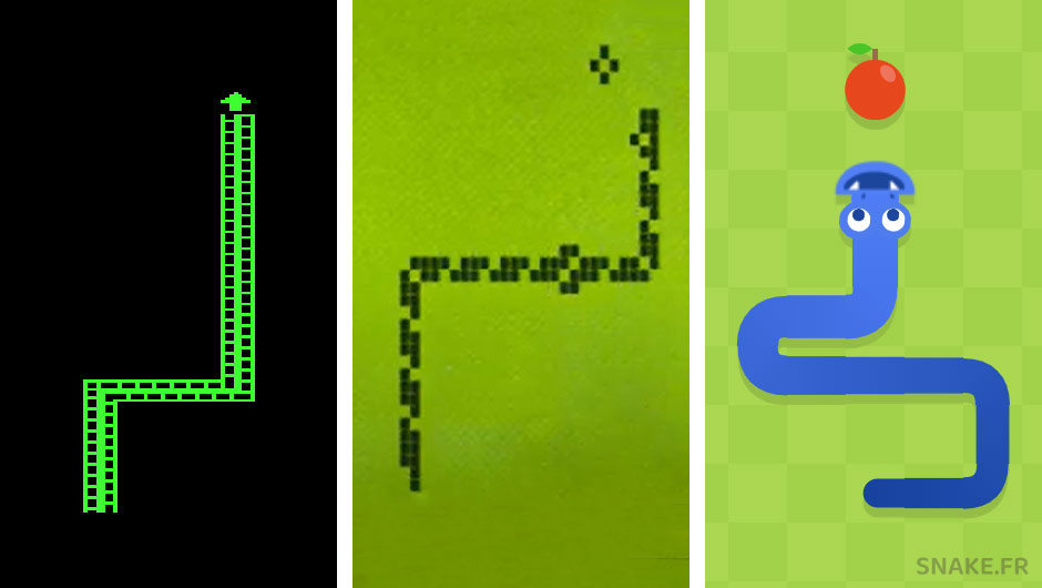 Évolution de Snake : Blockade, le célèbre Snake de Nokia, et la version moderne Google Snake.